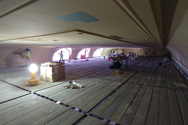 Early construction photo of the ceiling of Corbett Tower restoration.