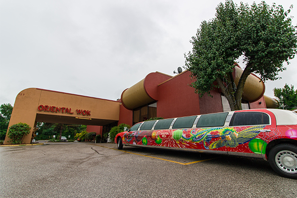 Oriential Wok's signature stretch limo parked outside the Lakeside Park location.