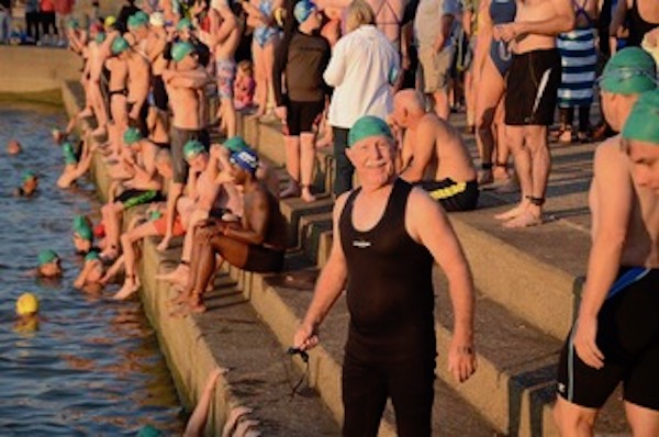 Swimmers prepare for the 900 meter swim across the Ohio.