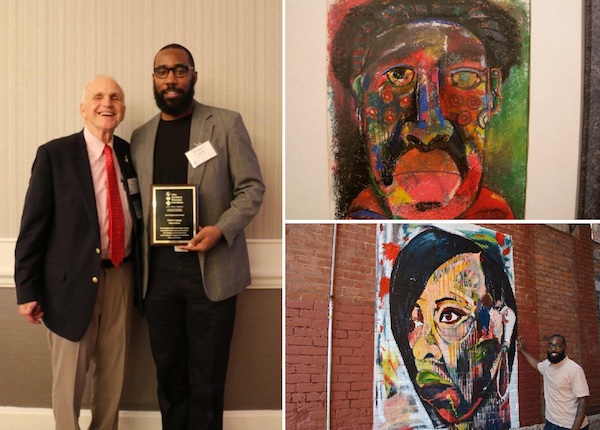 Left: Michael Coppage receiving his award; right above: His art; right below: His mural in OTR