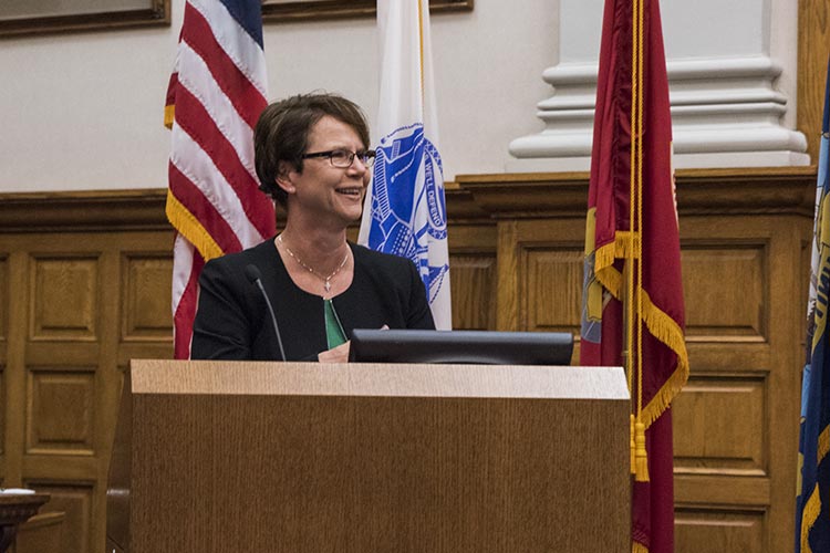 Ohio Supreme Court Justice Sharon L. Kennedy speaking at the graduation ceremony who spoke in recognition of the upcoming Veterans Day.