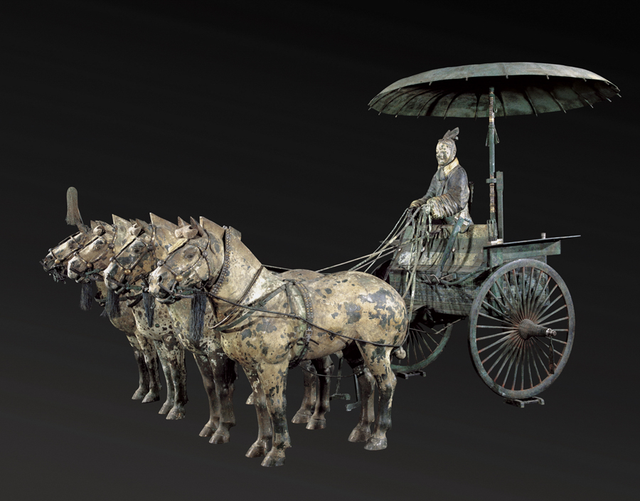 Chariot No. 1 with Horses (replica), Qin dynasty (221–206 BC), bronze, pigment, Excavated from Pit of Bronze Chariots, Qin Shihuang’s Mausoleum, 1980, Emperor Qin Shihuang’s Mausoleum Site Museum