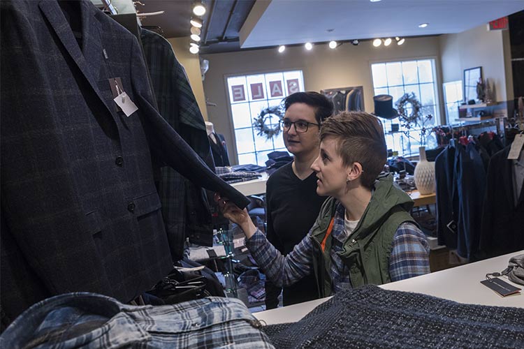 The couple choosing attire for their May 2019 wedding.