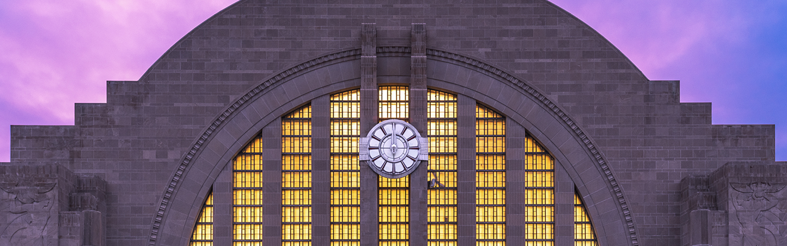 Autumn sunset at Museum Center featuring newly reinstalled iconic clock.