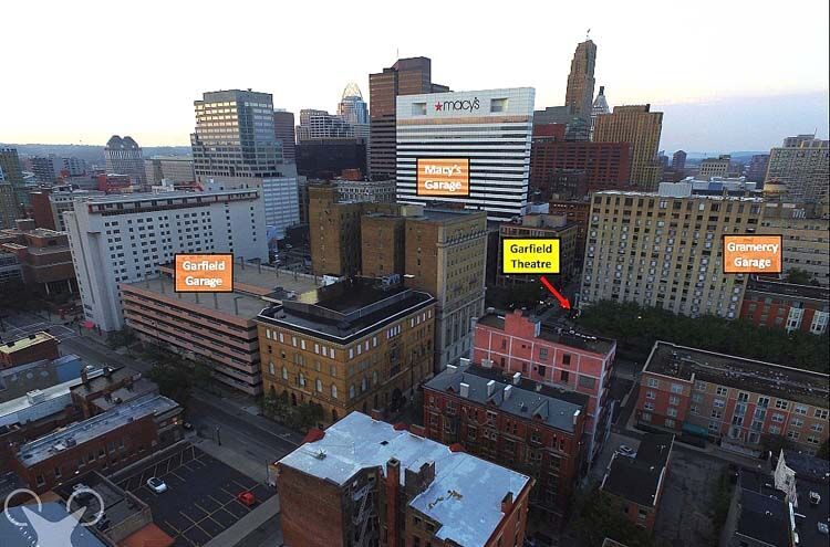 Aerial photo of Garfield showing parking possibilities.