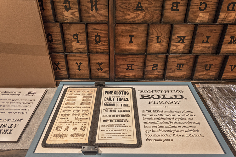 The printing room has authentic presses and a typesetting interactive.