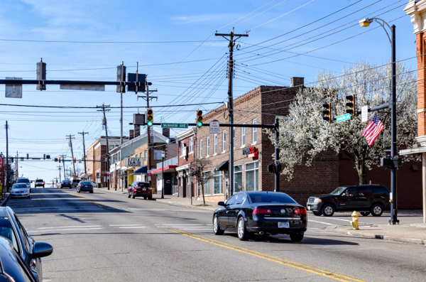 The view down Mt. Healthy’s Main Street (Hamilton Avenue) includes an 1840s era building that was a stop on the Underground Railroad.