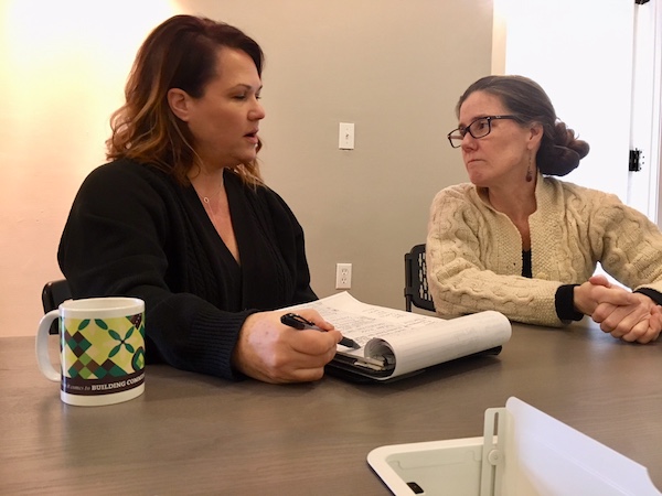 Artist Janet Creekmore, left, discusses plans for the Lincoln Art Project.