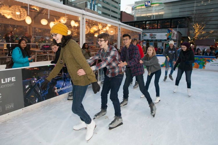 Ice skating on Fountain Square is a popular winter activity.