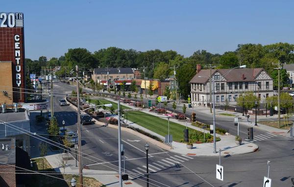 An aerial view of Oakley Square post-redevelopment.