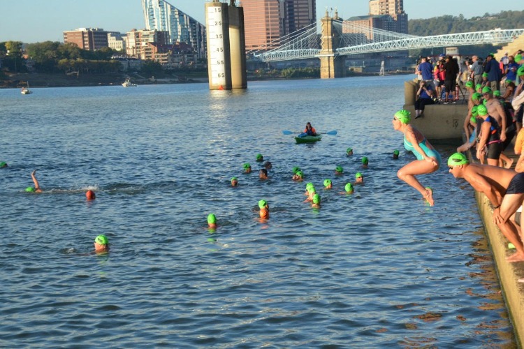 Swimmers at the start of the Bill Keating, Jr. Great Ohio River Swim.