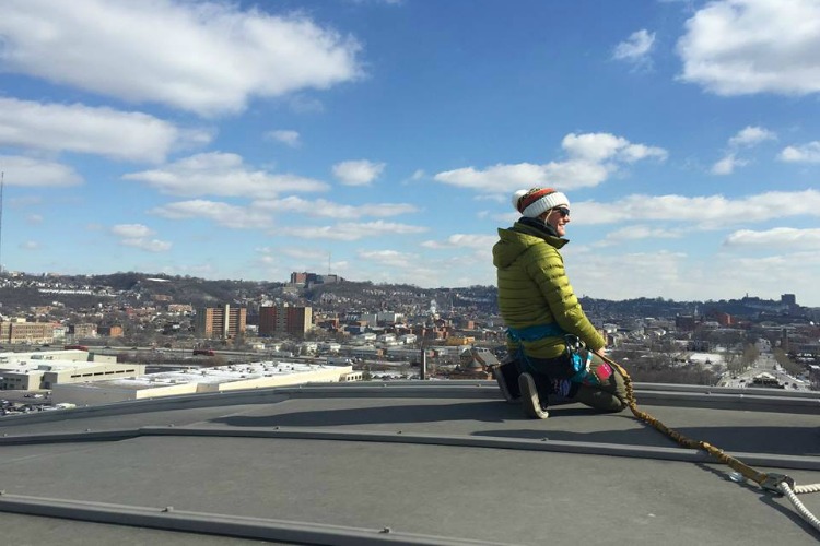 "National Parks Adventure" film star and adventurer Rachel Pohl prepares to repel down from atop Union Terminal for the film's 2016 release in Cincinnati.
