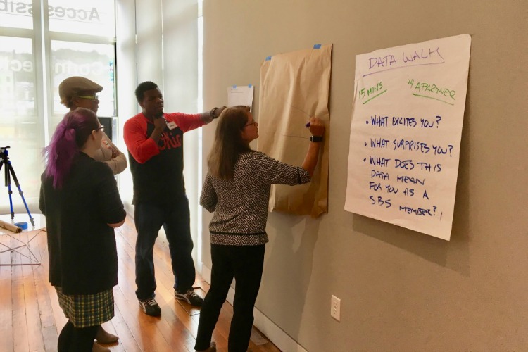 Melisse May (writing), Marlena Brookfield, Tim'm West, and LaVonda Stewart dive into data during a session on systems change.