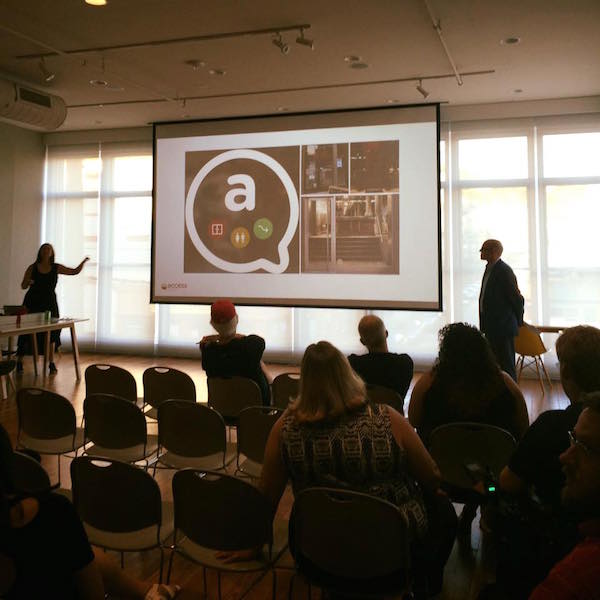 Kathleen Cail and Nestor Melnyk present their survey for Access Cincinnati at a People's Liberty launch event in August.