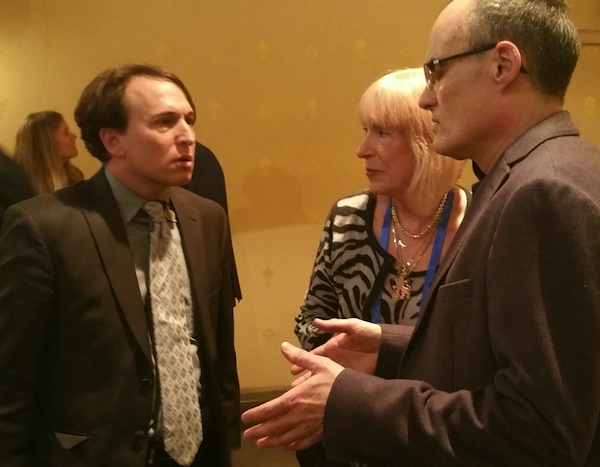 Shep Englander (left) speaks with former "Charlie Hebdo" Editor Philip Val