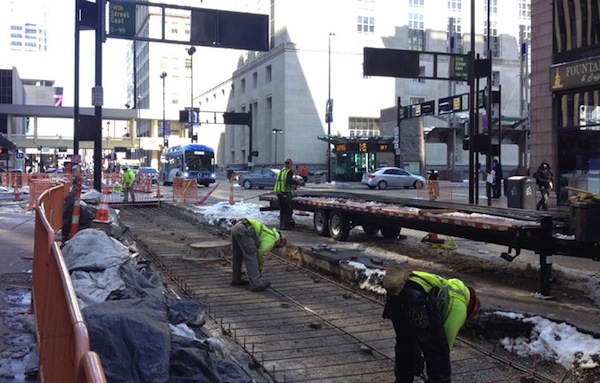 Streetcar tracks at Fifth & Walnut