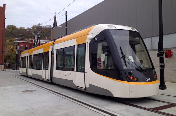 Cincinnati's first new streetcar outside the maintenance facility north of Findlay Market