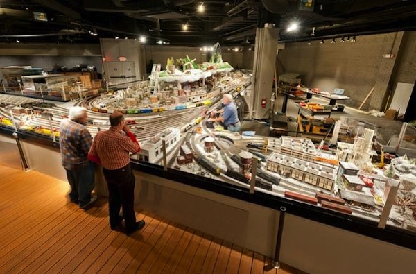 Setting up the Holiday Junction train display at Cincinnati Museum Center