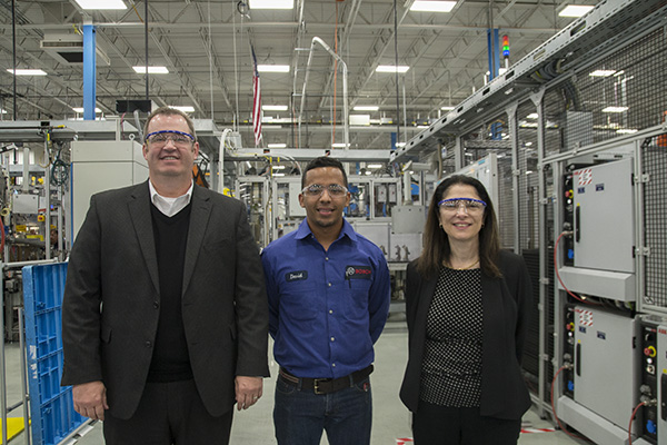 (L-R) Wade Williams from Northern Kentucky Tri-ED, trainee David Navarrete and Mary Grace Cassar from Bosch
