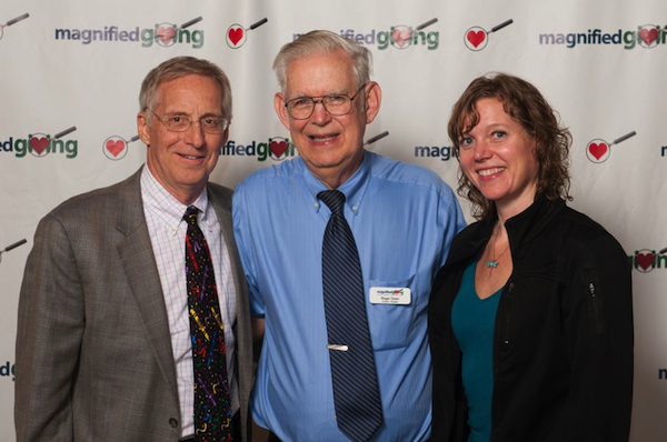 Magnified Giving founder Roger Krein (center) with Board Chair Bill Keating Jr. and April 26 speaker/community activist April Kerley
