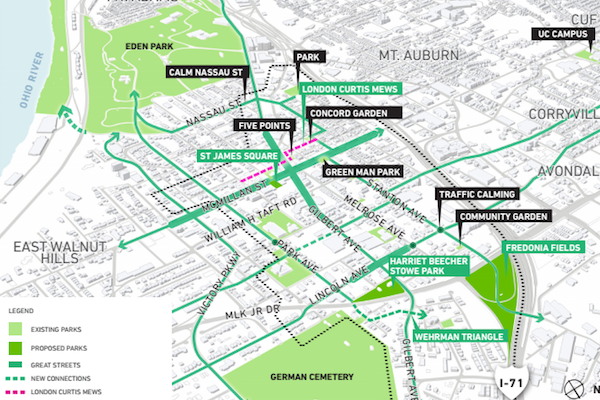 WHRF planning map shows the existing and proposed parks in Walnut Hills.