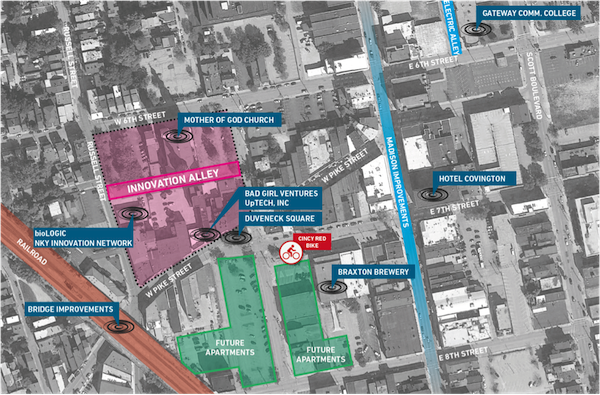 A concept sketch of Innovation Alley in relation to Covington's other startup organizations.