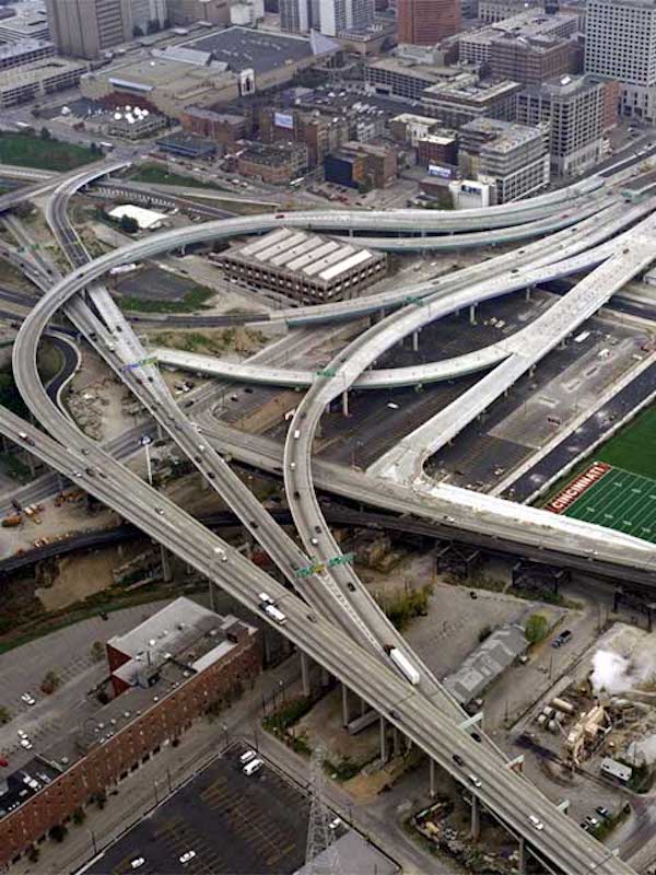 An aeiral view of the Cincinnati side of the Brent Spence Bridge crossing.