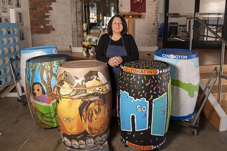 Jennifer Baldwin is working on five bourbon barrel pieces.