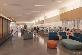 A rendering of the interior entryway to the new Forest Park library.