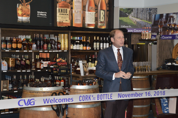 Cork 'N Bottle's Tom Neyer at the ribbon-cutting for the store's CVG location.