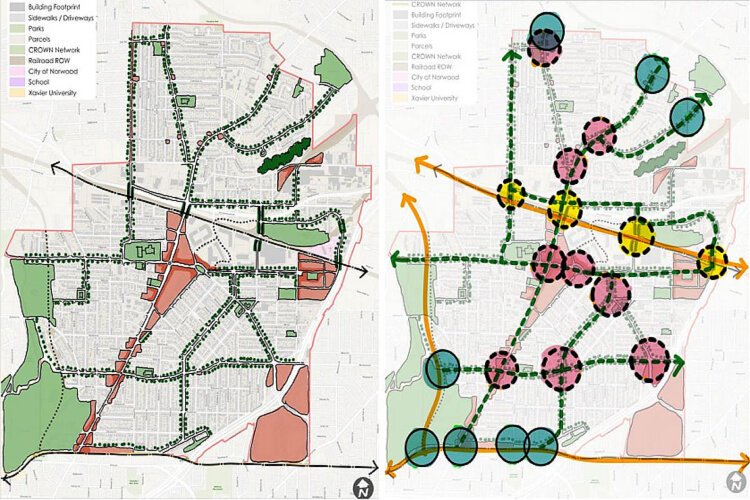 The plan, left, shows key corridors (lined with trees), commercial areas (red), green spaces, and neighborhoods. At right are the opportunities identified for improvements, including corridors (green dotted lines) and intersections (pink)
