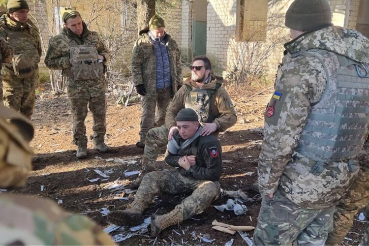 Tactical combat casualty care training on the front lines in the eastern Donbas region.